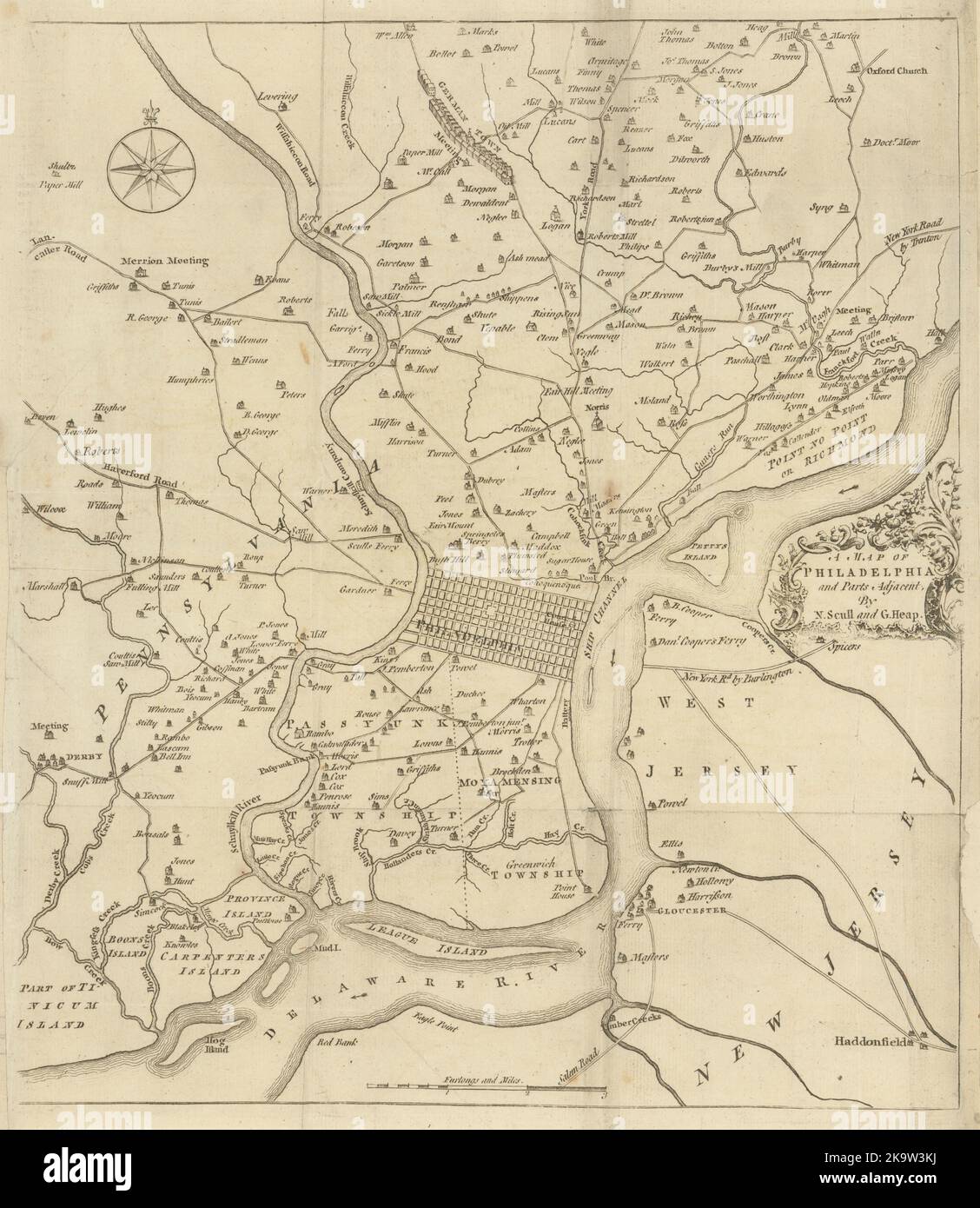 Una mappa di Philadelphia e parti adiacenti. Pennsylvania. SCULL & HEAP 1777 Foto Stock