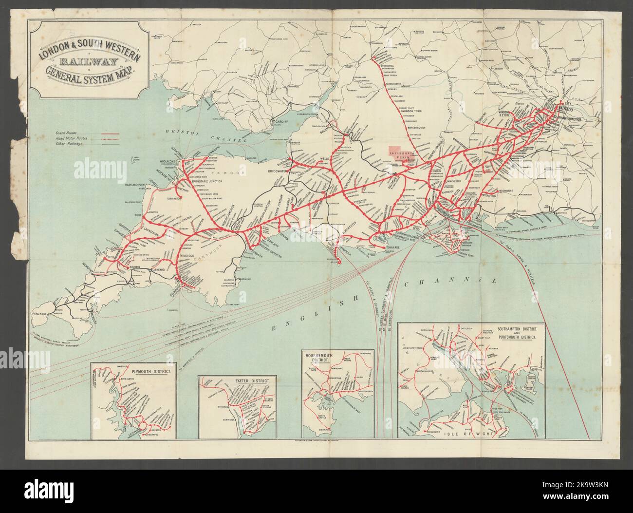 London & South Western Railway General System Map c1910 vecchia carta antica Foto Stock