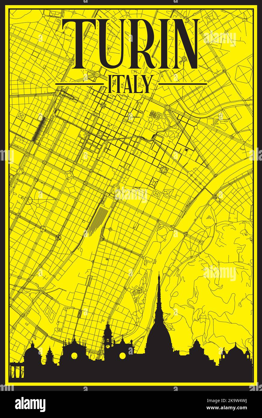 Mappa stampata a mano della rete stradale del centro di TORINO Illustrazione Vettoriale
