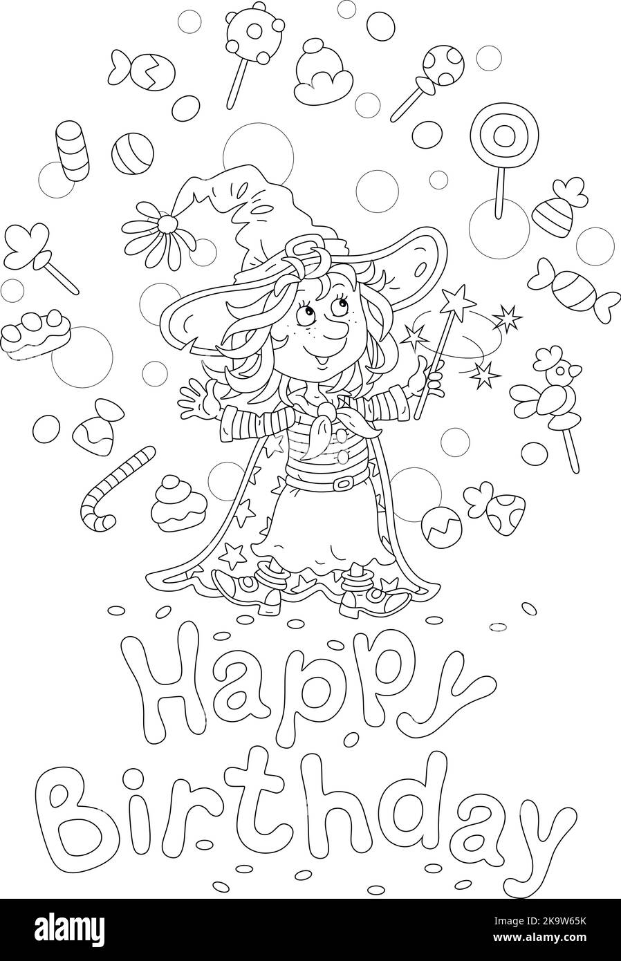 Buon compleanno con una divertente strega sventolando la sua bacchetta magica e evocando trucchi divertenti con dolci volanti Illustrazione Vettoriale