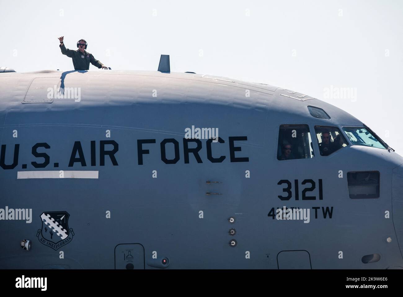 Il McDonnell Douglas/Boeing C-17 Globemaster III è un grande aereo da trasporto militare sviluppato per l'aviazione militare degli Stati Uniti. . Base dell'aeronautica militare di Edwards, California, USA il 16 ottobre 2022. Foto di Tomas Arnoux/ABACAPRESS.COM Foto Stock