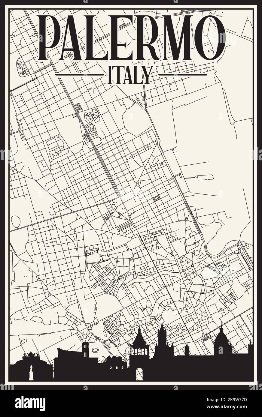 Mappa stampata a mano della rete stradale del centro di PALERMO Illustrazione Vettoriale