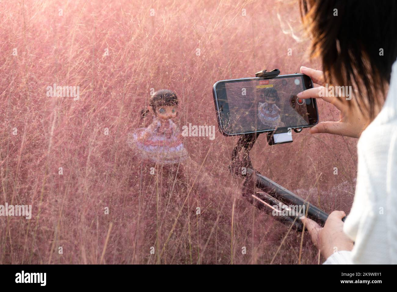 SHANGHAI, CINA - 30 OTTOBRE 2022 - due tifosi posano per MOLLY in mezzo al paesaggio rosa Muhlygrass a Shanghai, Cina, il 30 ottobre 2022. Foto Stock