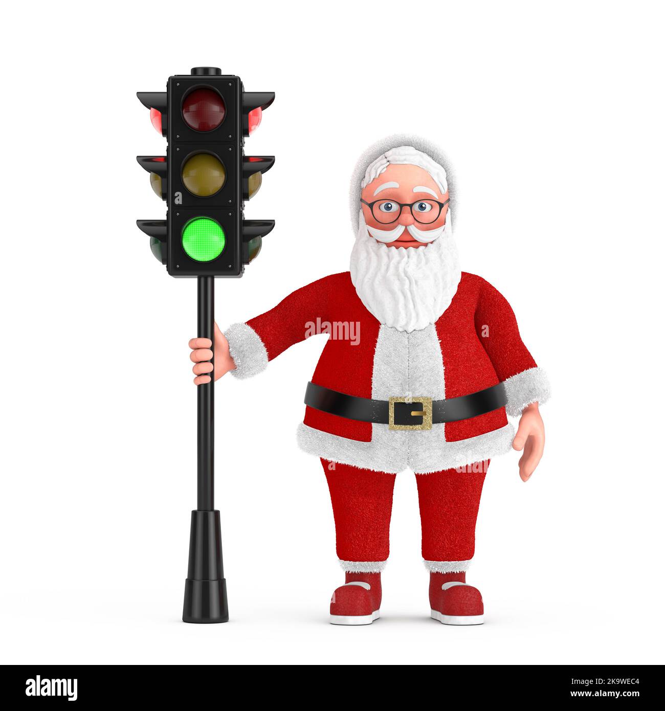 Cartone animato allegro Babbo Natale Granpa con semaforo verde su sfondo bianco. rendering 3D Foto Stock