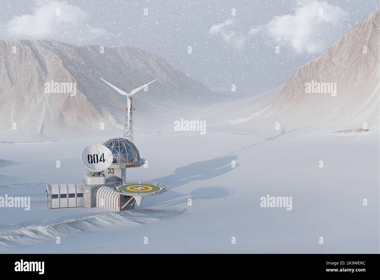 Stazione polare di ricerca antartica remota moderna sulle montagne sfondo closeup estremo. rendering 3D Foto Stock