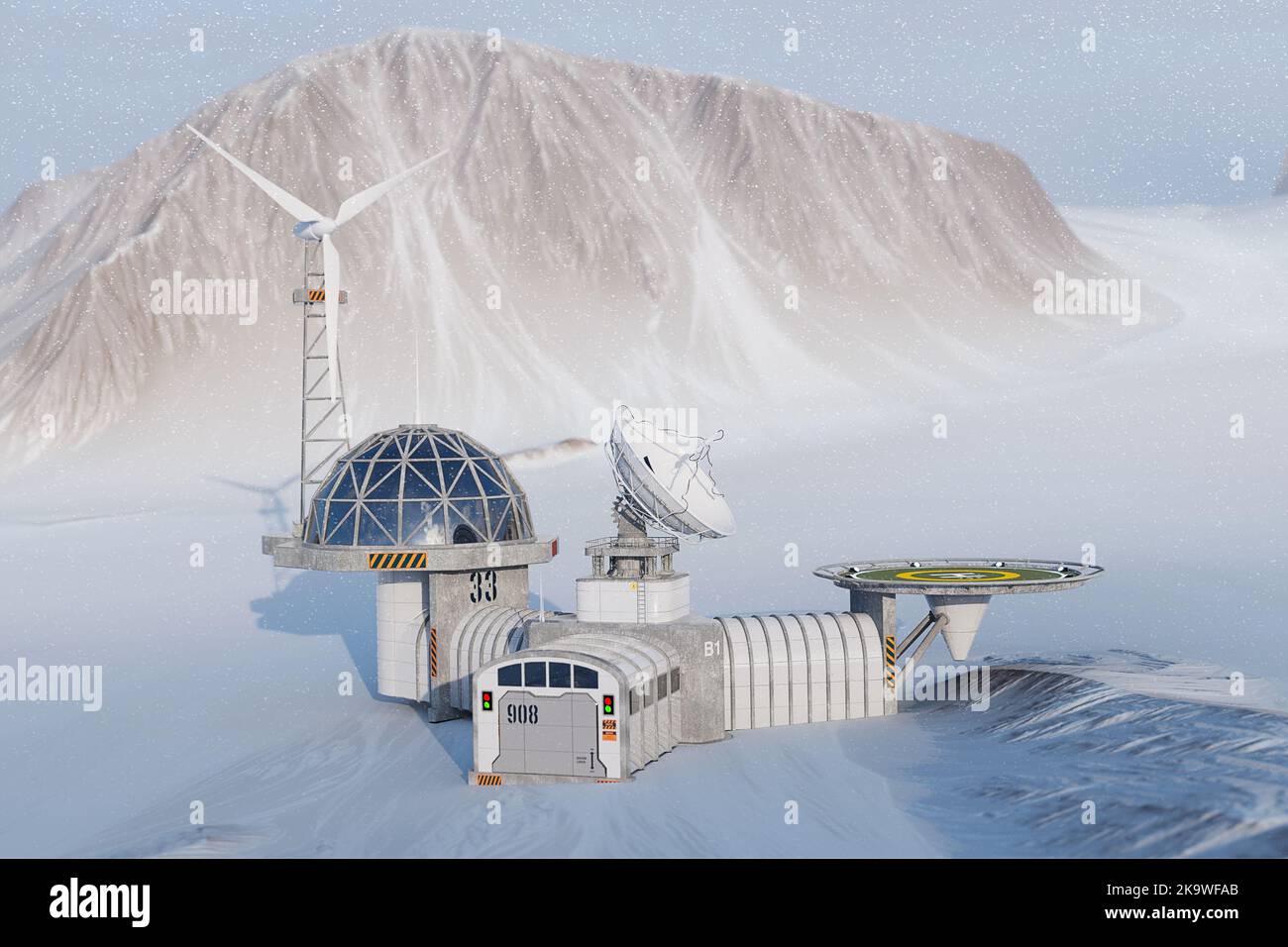 Stazione polare di ricerca antartica remota moderna sulle montagne sfondo closeup estremo. rendering 3D Foto Stock