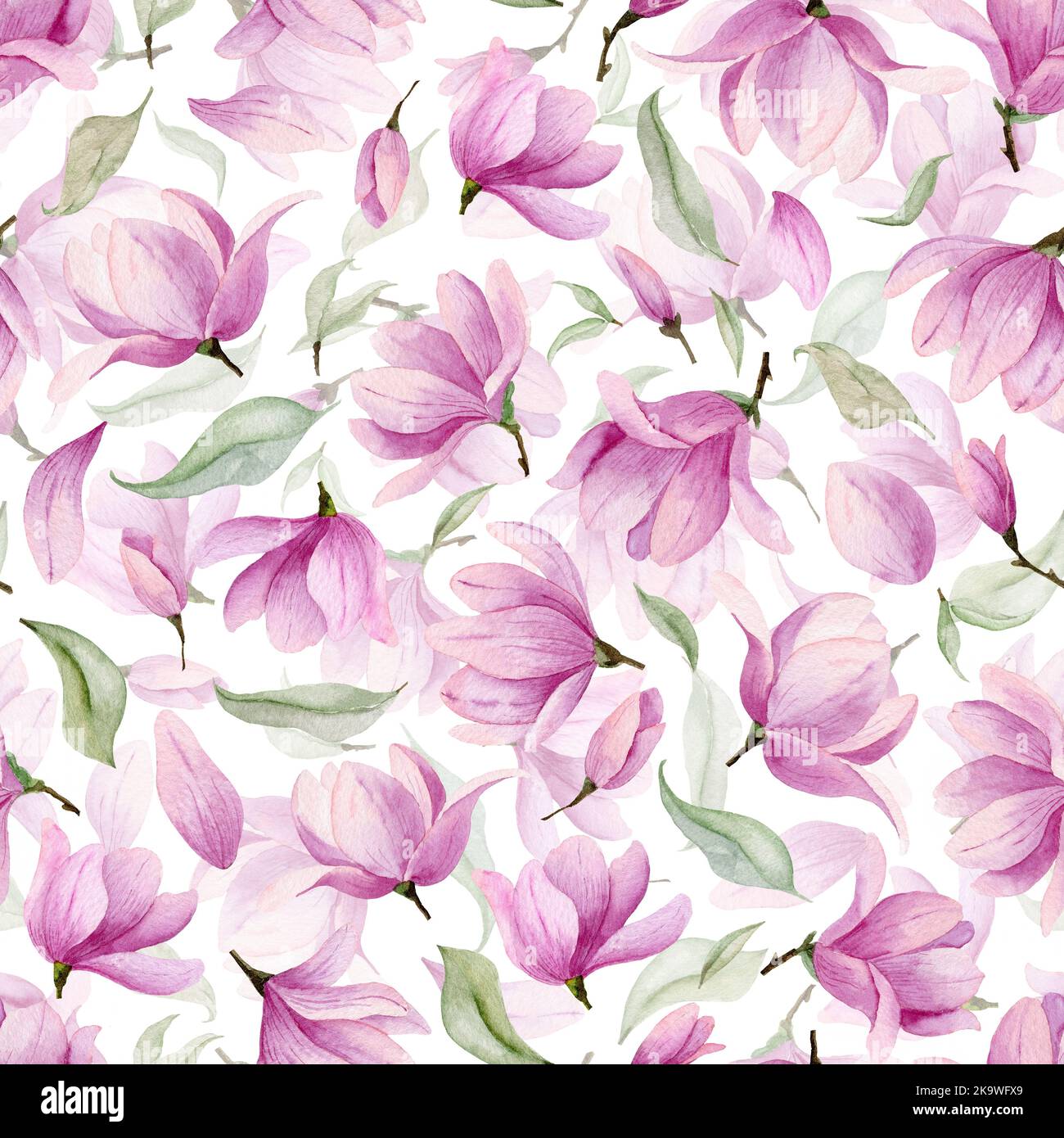 Acquerello Magnolia motivo con fiori rosa e foglie verdi. Sfondo floreale senza cuciture per stampe o tessuti Foto Stock