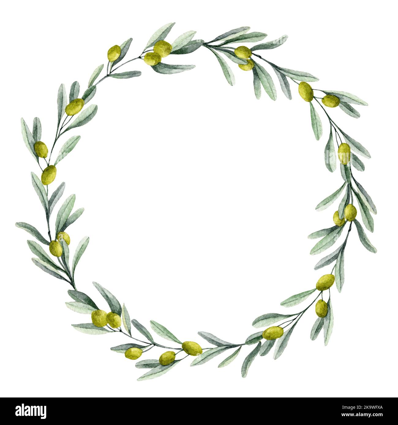 Corona di olive. Acquerello botanico cornice rotonda con rami Laurel per inviti di nozze o biglietti d'auguri. Bordo del cerchio floreale per l'etichetta dell'olio Foto Stock
