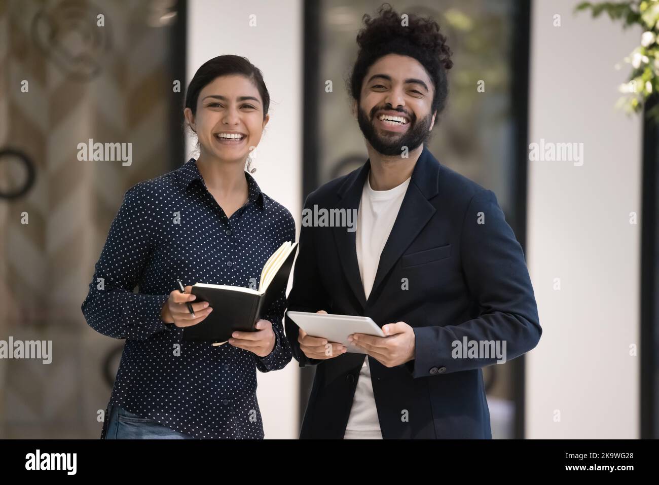 Ritratto di due ambiziosi colleghi indiani posa in un'area di lavoro Foto Stock