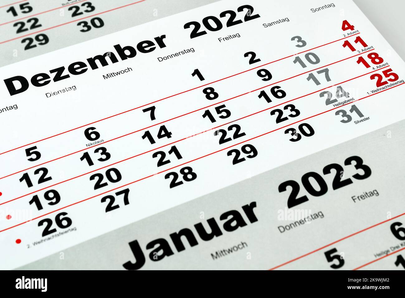 Calendario tedesco 2022 dicembre e gennaio 2023 Lunedi Martedì Mercoledì Giovedi Venerdì Sabato Domenica primo piano Foto Stock