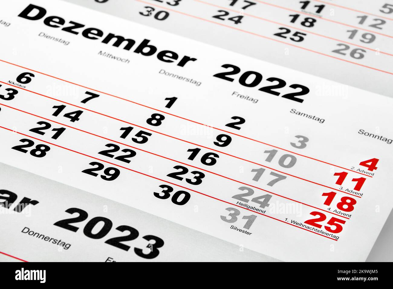 Calendario tedesco 2022 dicembre e gennaio 2023 Lunedi Martedì Mercoledì Giovedi Venerdì Sabato Domenica primo piano Foto Stock