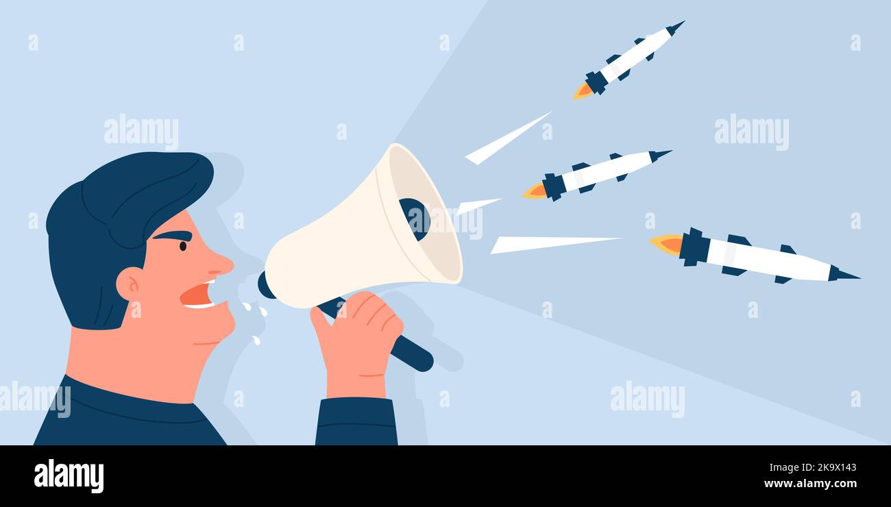 Guerra e odio ropaganda concetto. Agitatore propagandista di Cartoon Man che grida in megafone, razzi con bomba che vola fuori dal vettore altoparlante illustratore. Illustrazione Vettoriale