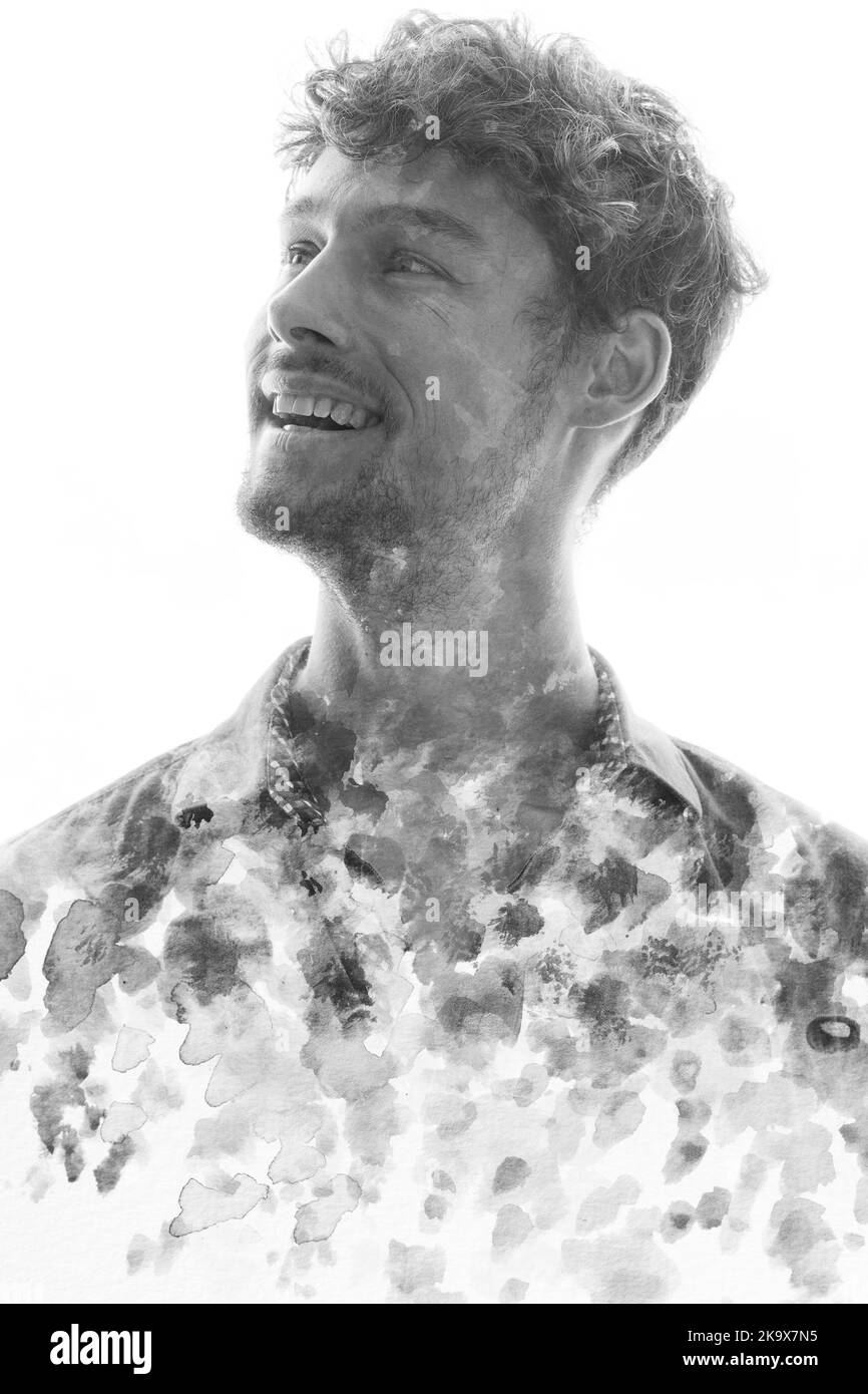 un ritratto dell'uomo monocromatico a doppia esposizione con doppiette di vernice nera Foto Stock