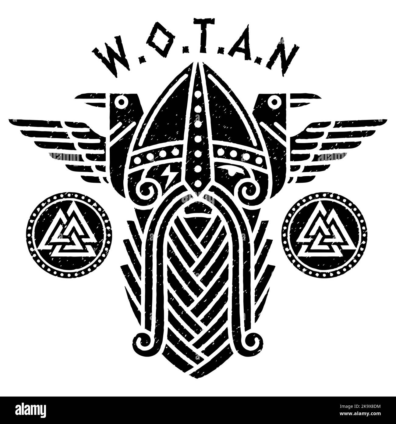 Dio Wotan e due corvi in un cerchio di rune norse. Illustrazione della mitologia norrena Illustrazione Vettoriale
