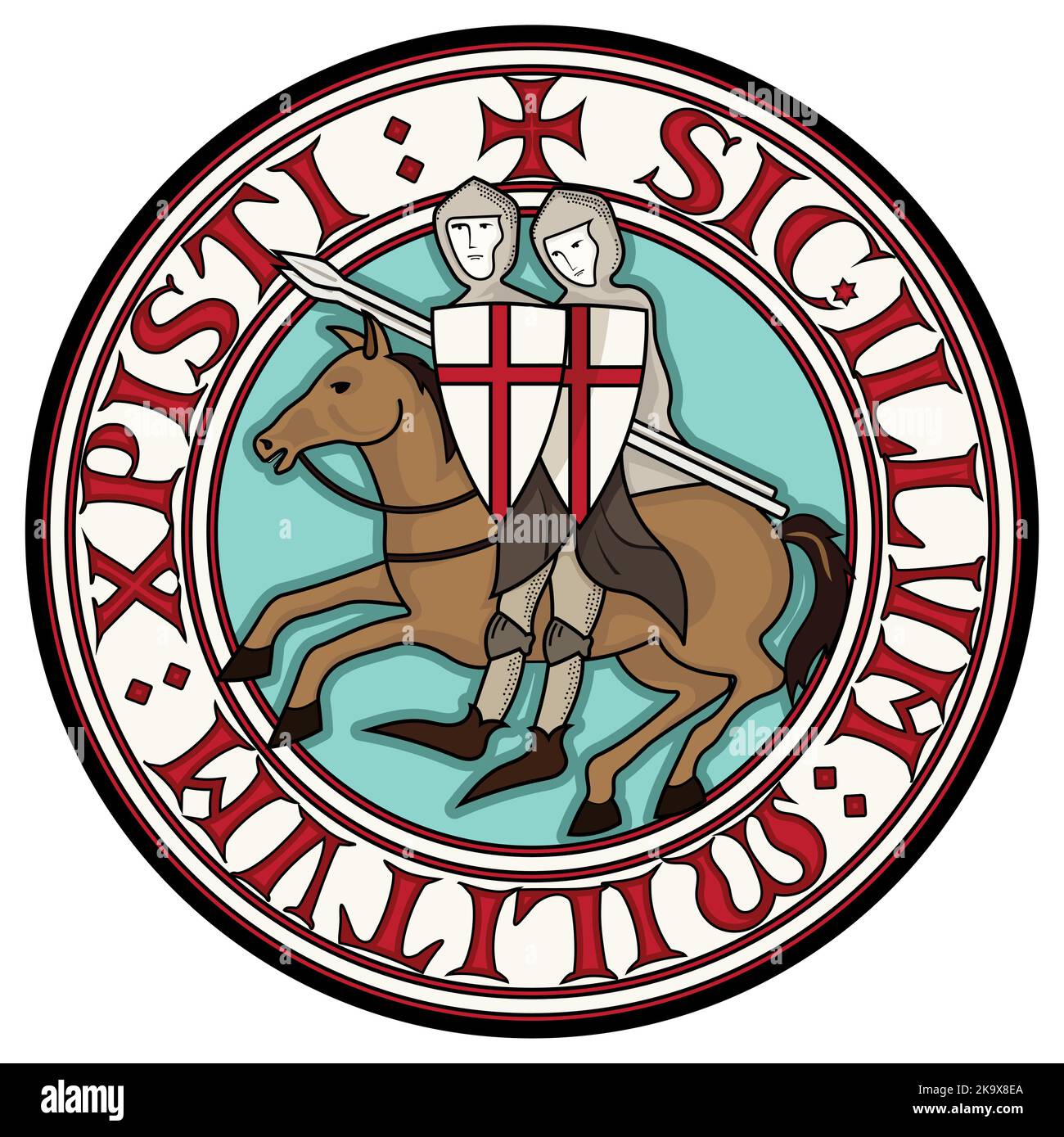 Segno dei Templari Cavaliere. Due cavalieri crociati a cavallo con lance, in cerchio dal testo dello slogan dei cavalieri Templari Illustrazione Vettoriale