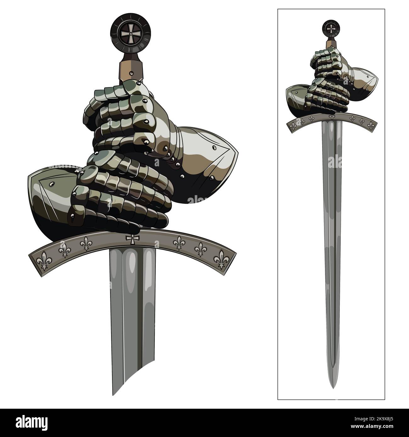 Guanti d'armatura del cavaliere e la spada del crociato Illustrazione Vettoriale