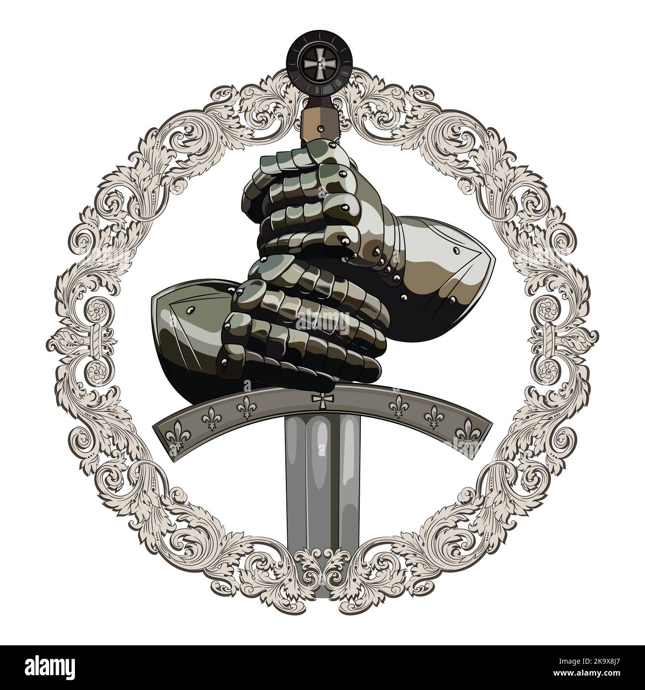 Guanti d'armatura del cavaliere e la spada del crociato nella cornice dell'ornamento medievale Illustrazione Vettoriale