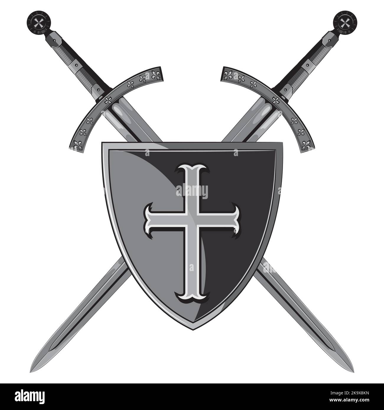Cavaliere spade. Due cavalieri incrociati della spada e scudo del Crociato Illustrazione Vettoriale