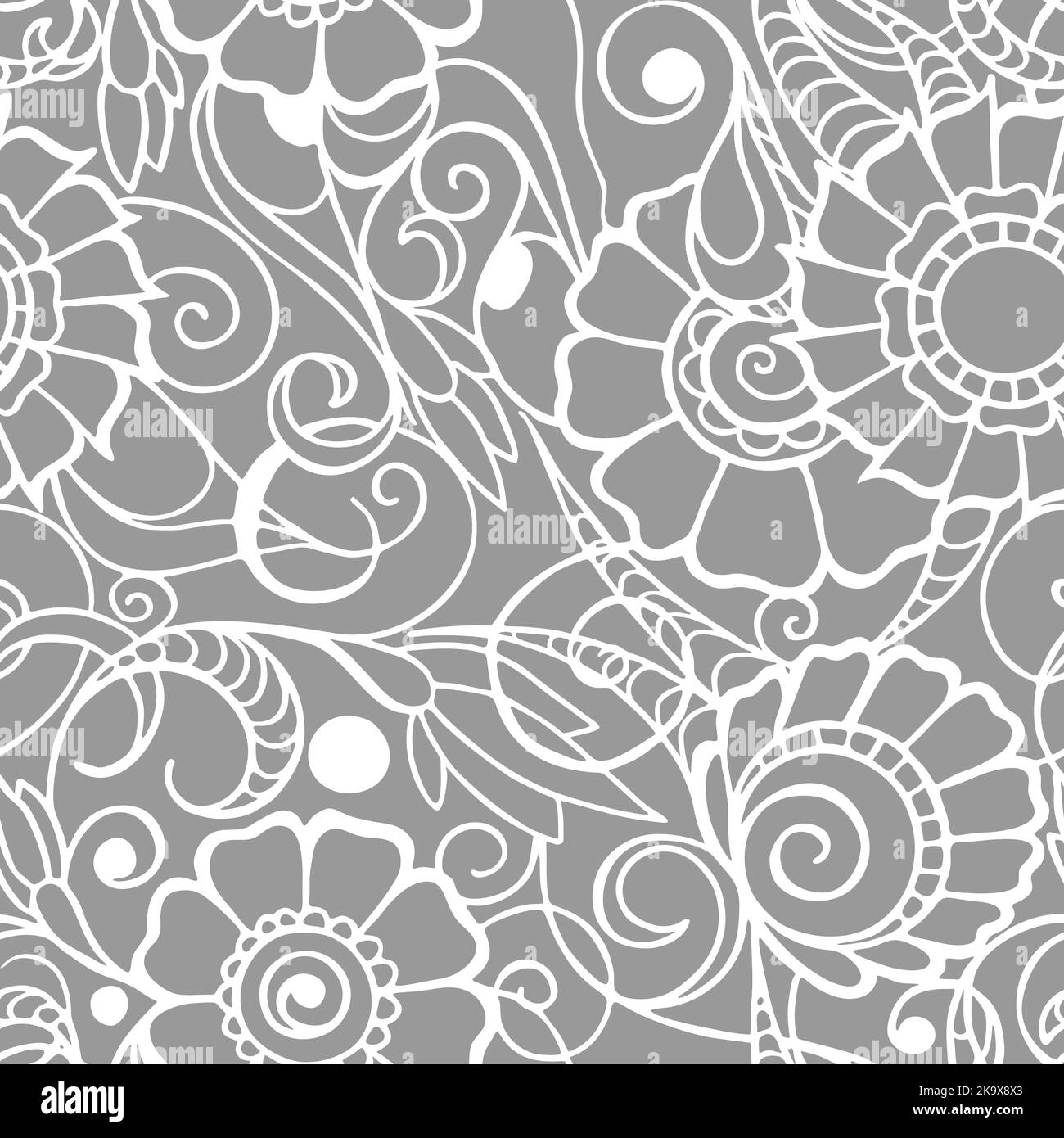 motivo senza cuciture di contorni bianchi di fiori su uno sfondo grigio, texture, design Foto Stock