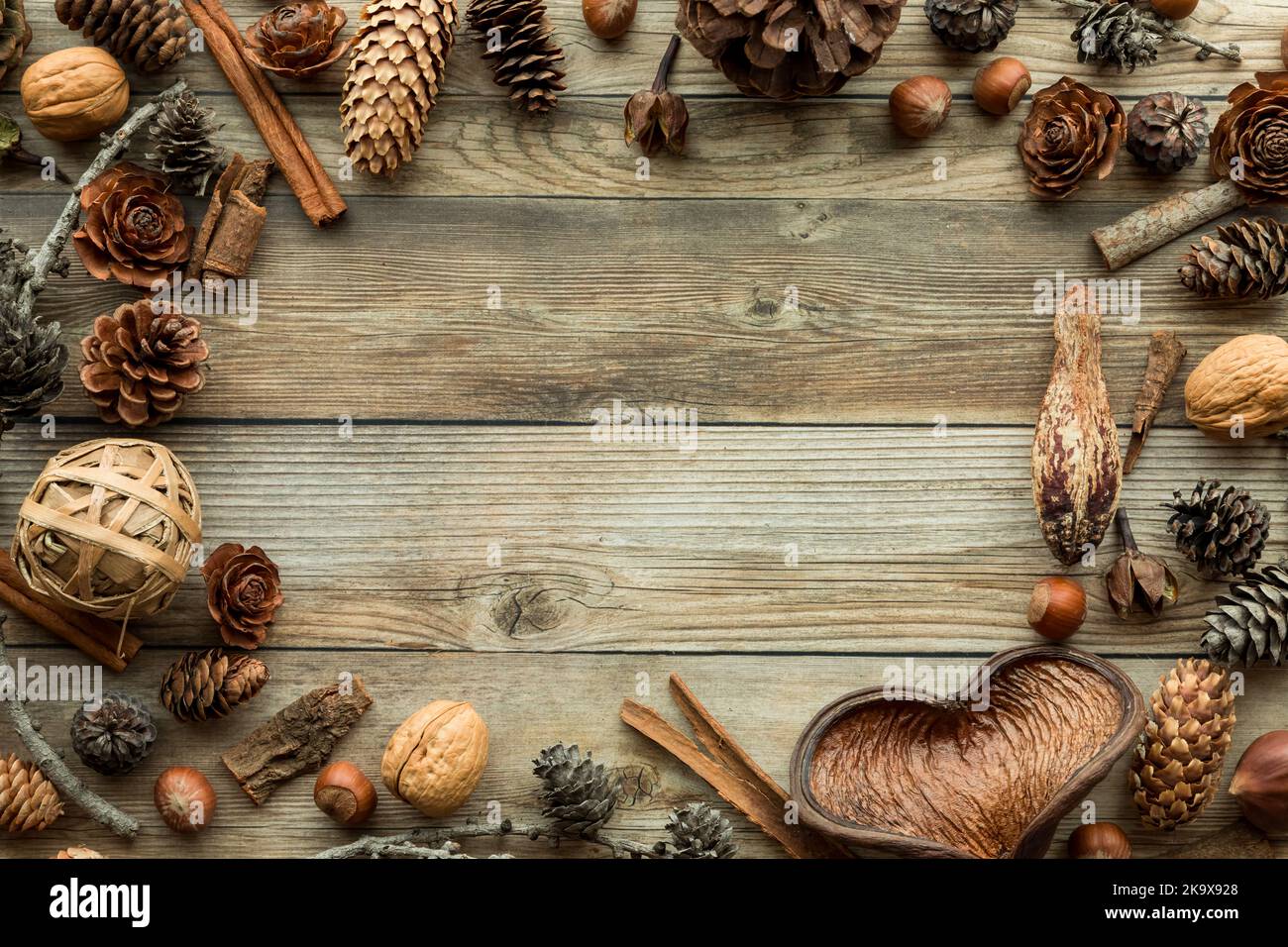 Un bordo boscoso autunnale composto da pinecones, noci e bastoni. Foto Stock