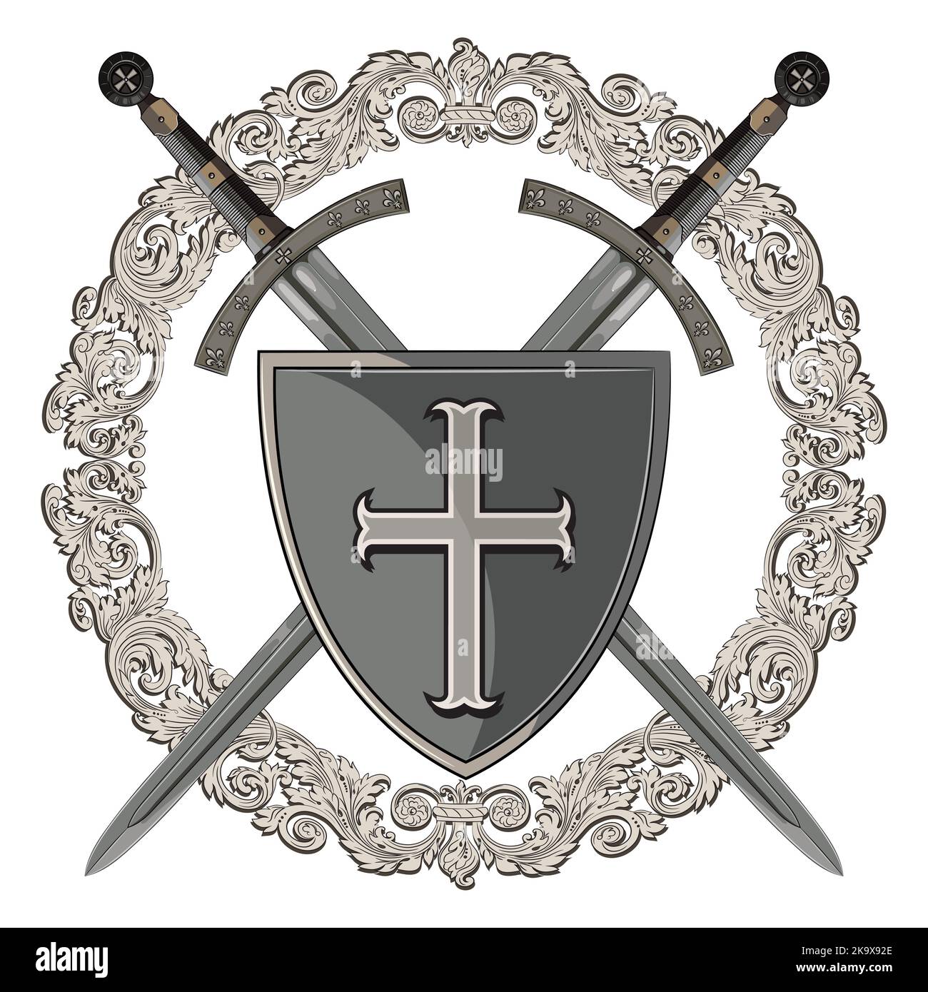 Design Knight. Due cavalieri incrociati della spada nella cornice di ornamento medievale e scudo araldico medievale Illustrazione Vettoriale