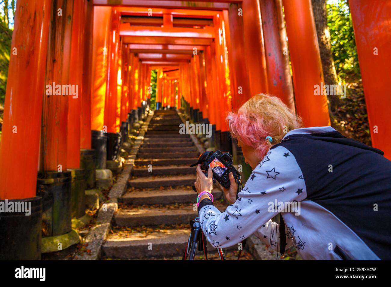 Viaggio donna fotografo con fotocamera professionale scatta foto del famoso monumento storico Fushimi Inari santuario. Concetto di viaggio in asia. Il famoso punto di riferimento di Kyoto. Foto Stock
