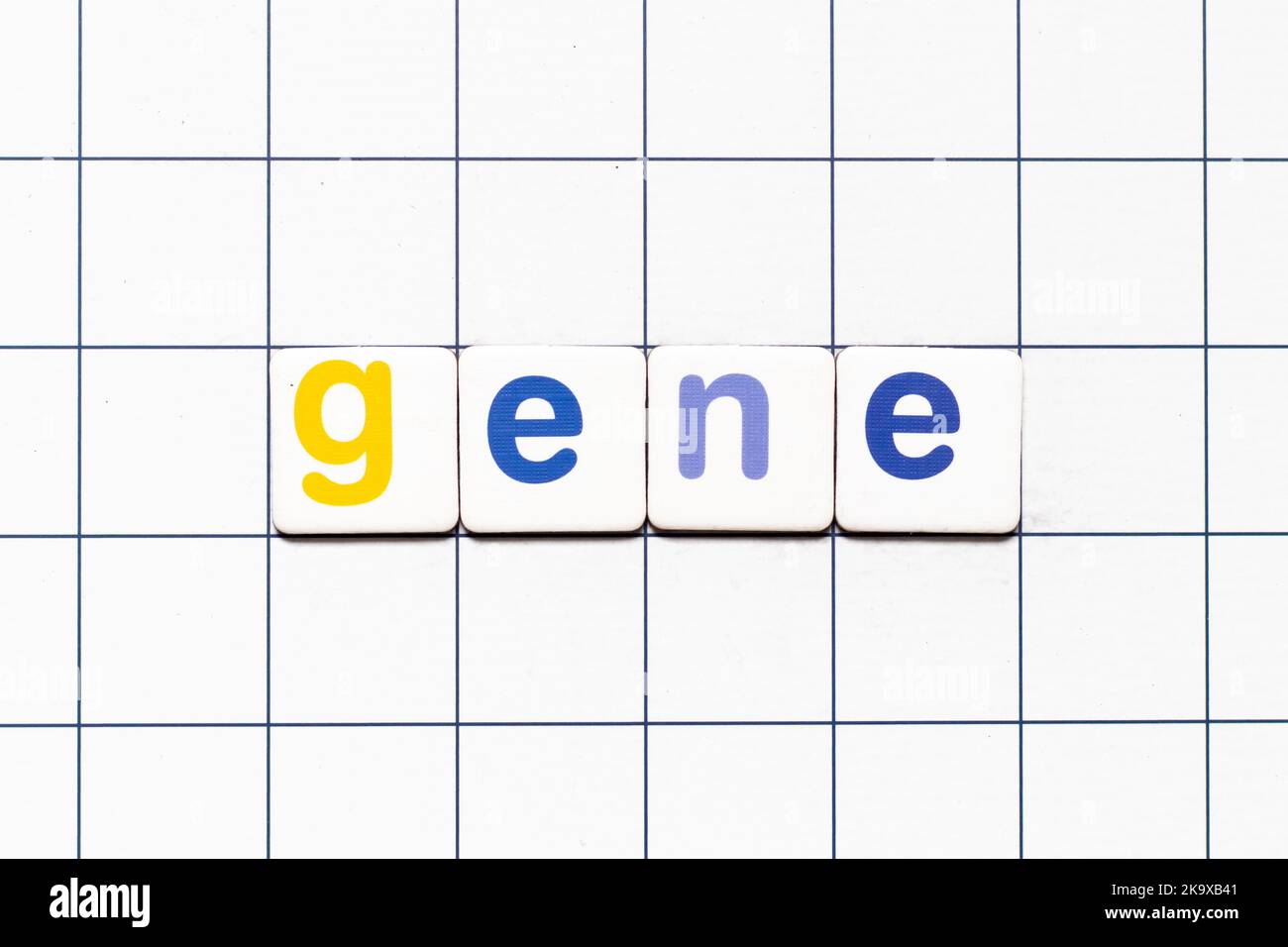 Colorata lettera di mattonelle in parola gene su sfondo griglia bianca Foto Stock