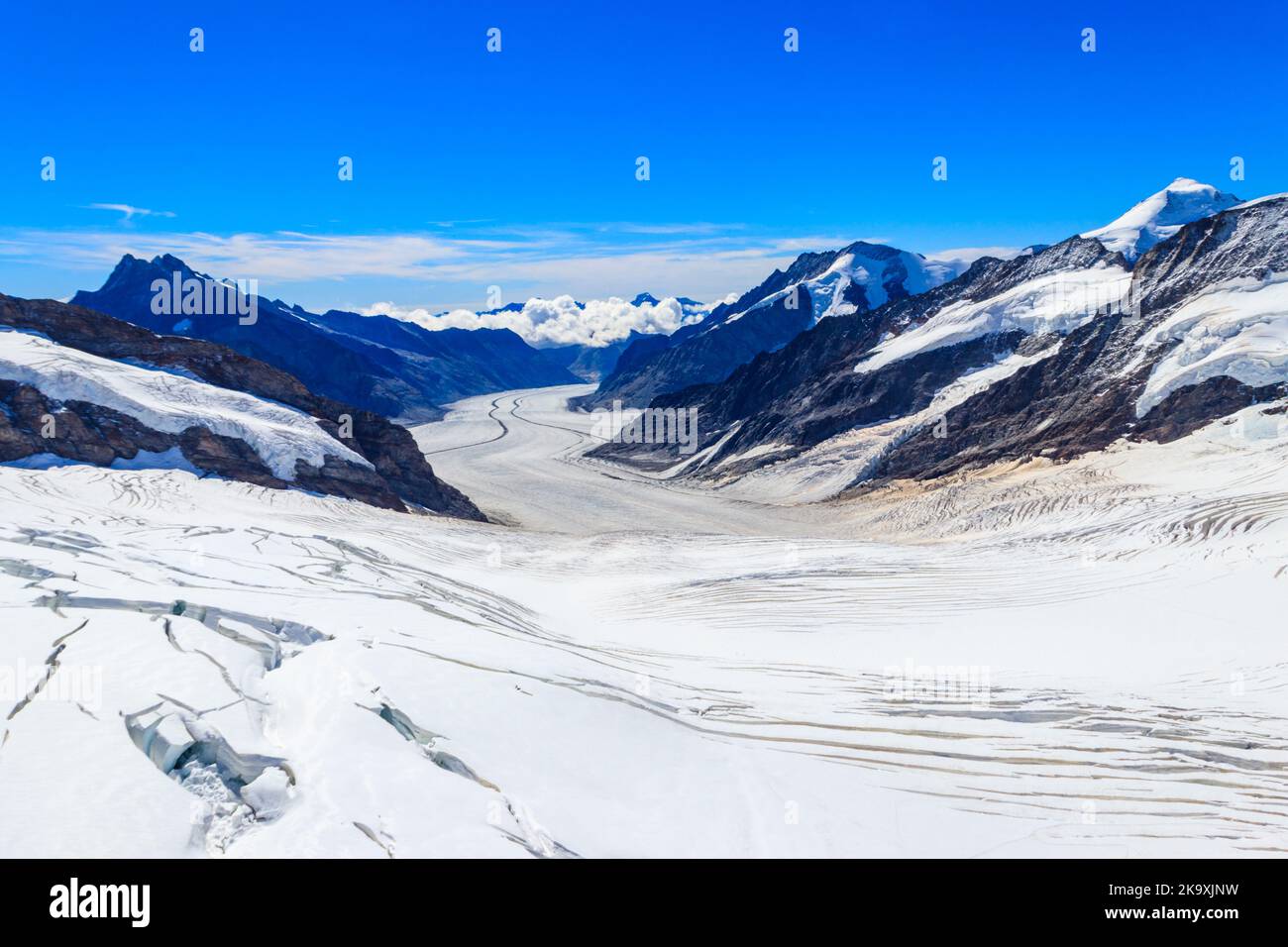 Vista sul Ghiacciaio del Grande Aletsch, il più grande ghiacciaio delle Alpi e patrimonio dell'umanità dell'UNESCO, nel Canton Vallese, in Svizzera Foto Stock