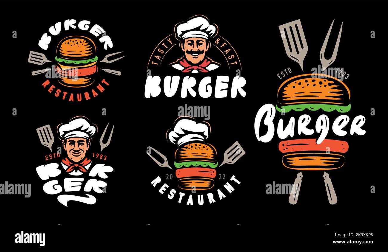 Set di badge Burger. Emblema e logo fast food. Collezione di elementi di design per il menu del ristorante. Illustrazione vettoriale Illustrazione Vettoriale