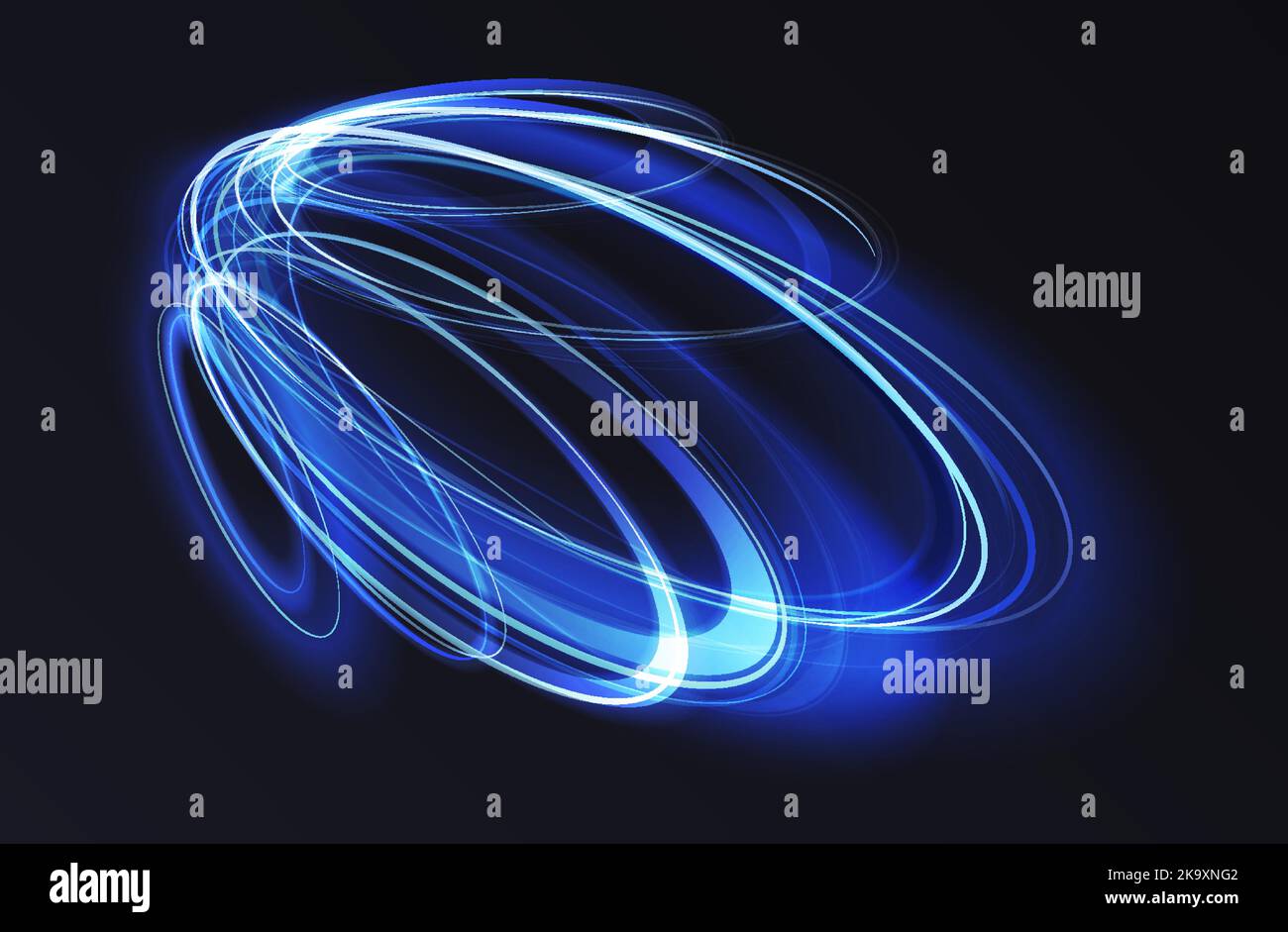 Luminoso bagliore futuristico blu neon di anelli di energia, astratto 3D effetto luce vettore illustrazione. Velocità di rotazione magica e brillante, rotolamenti luminosi, linee scintillanti su sfondo nero Illustrazione Vettoriale