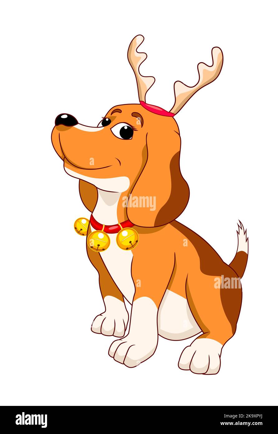 Il cane Cartoon siede decorato con corna di renne e campane. Il cane è come una renna. Cane con decorazioni natalizie su sfondo bianco. Illustrazione Vettoriale