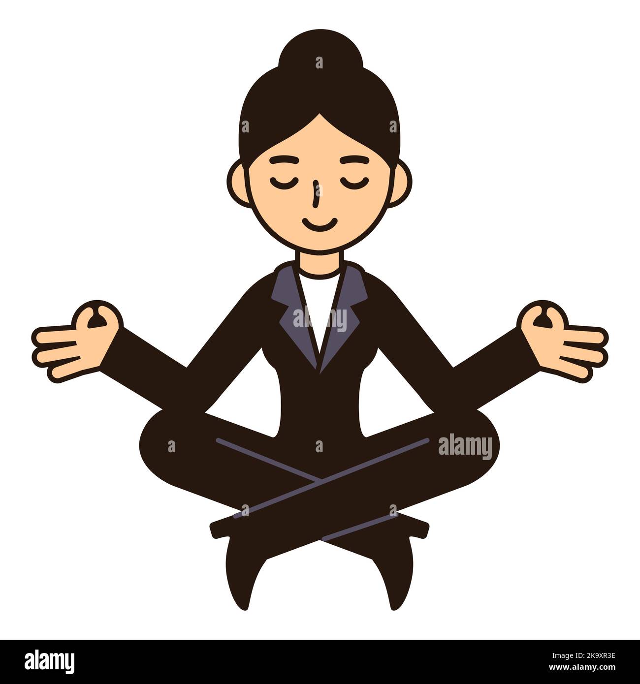 Cartone animato donna di affari meditando in posa di loto. Carino vettore clip art illustrazione, isolato su sfondo bianco. Illustrazione Vettoriale