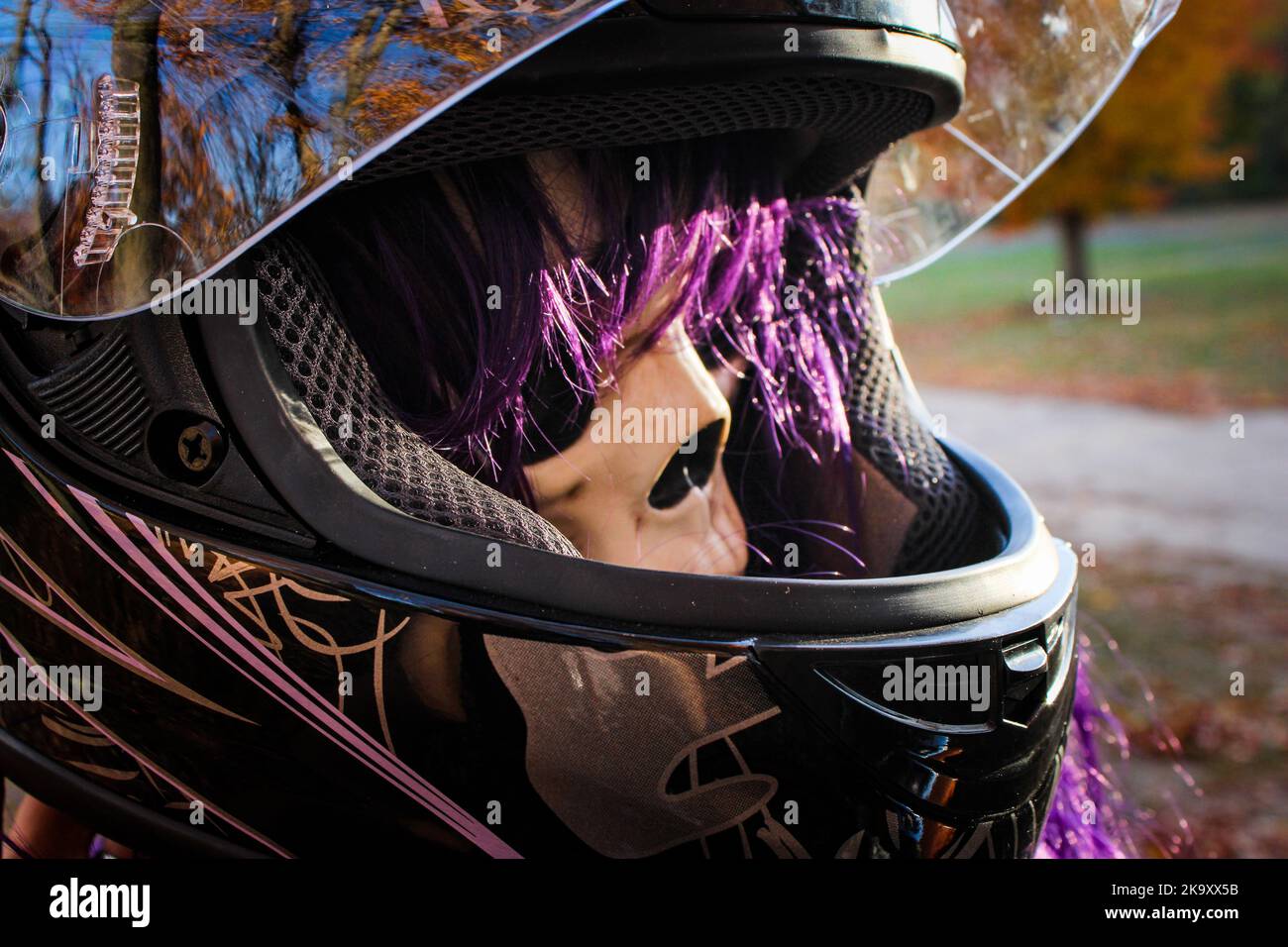 Scheletro con capelli viola che ha un casco con scudo sulla testa per la sicurezza Foto Stock