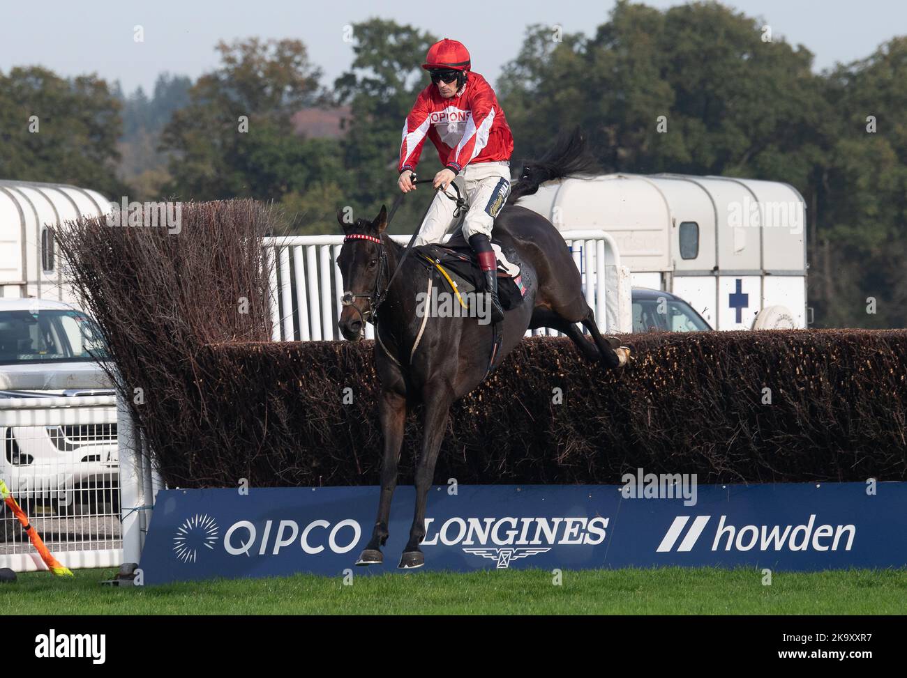 Ascot, Berkshire, Regno Unito. 29th ottobre 2022. Horse Gowel Road cavalcata dal jockey Sam Twiston-Davies cancella l'ultima prima di vincere l'Ascot Underwriting Novices' Limited handicap Steeple Chase alle corse Ascot. Opzioni proprietario o Syndicate. Allenatore Nigel Twiston-Davies, Cheltenham. Allevatore Cyril o'Hara. Opzioni dello sponsor Energy Services Ltd. Credit: Maureen McLean/Alamy Live News Foto Stock