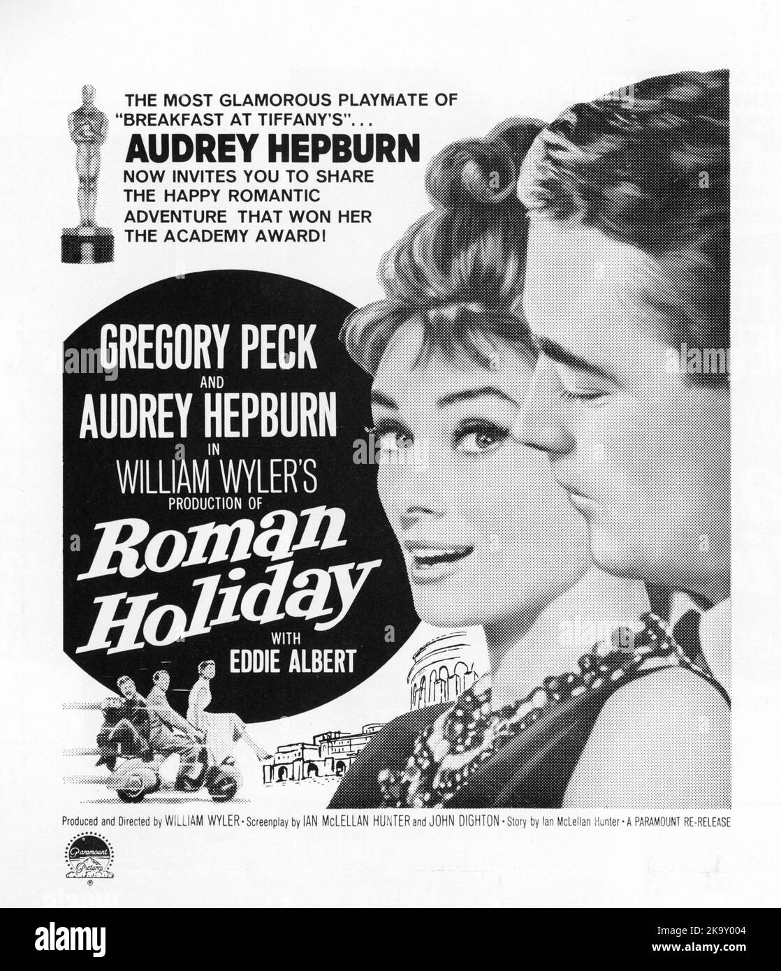 Advert Block per il rilasci 1962 di GREGORY PECK AUDREY HEPBURN e EDDIE ALBERT nelle FESTE ROMANE 1953 regista/produttore WILLIAM WYLER storia Dalton Trumbo e Ian McLellan Hunter sceneggiatura Dalton Trumbo Ian McLellan Hunter e John Dighton Paramount Pictures Foto Stock