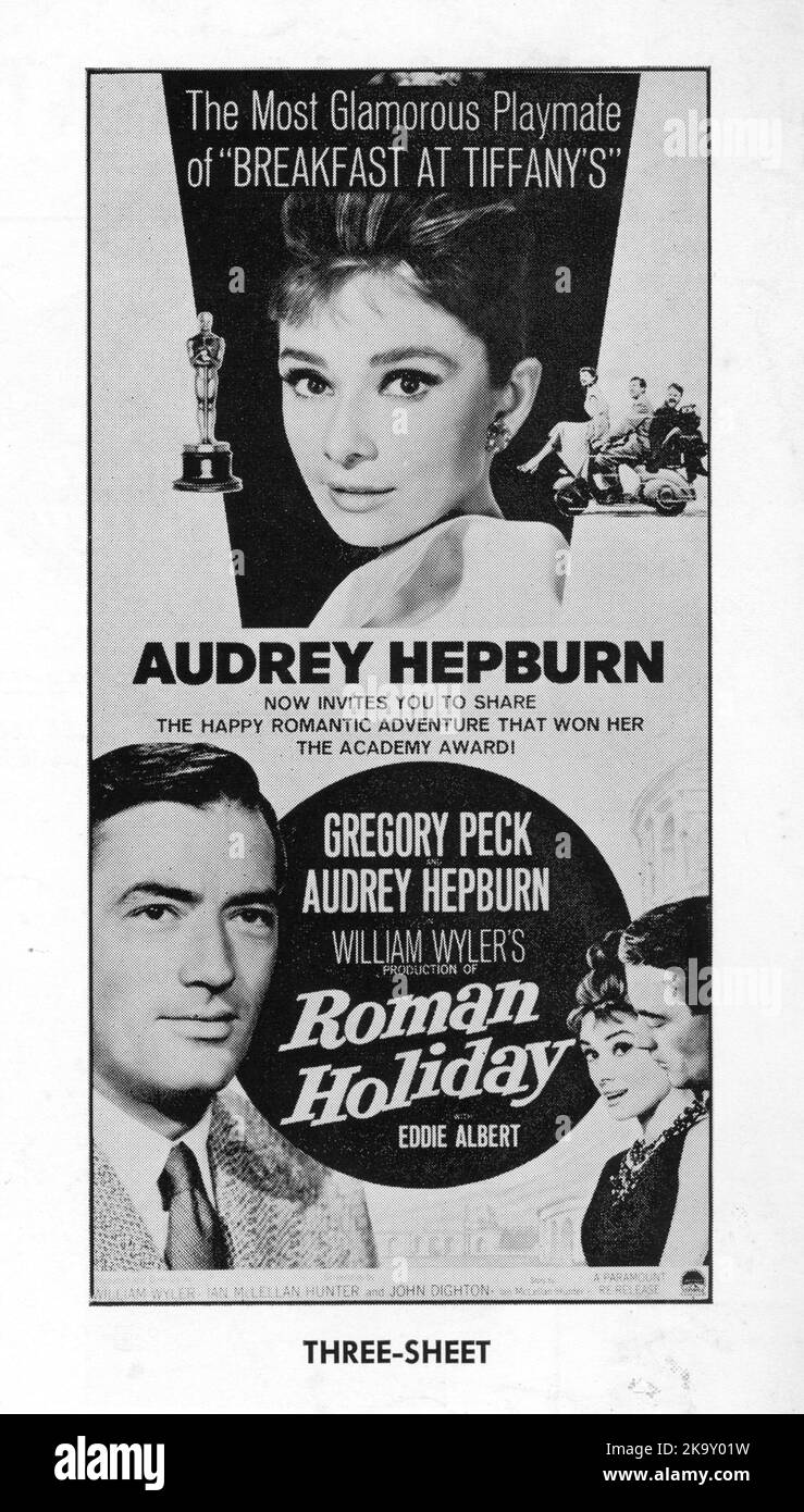 Immagine di Poster per la rilasci 1962 di GREGORY PECK AUDREY HEPBURN e EDDIE ALBERT in ROMAN HOLIDAY 1953 regista / produttore WILLIAM WYLER storia Dalton Trumbo e Ian McLellan Hunter sceneggiatura Dalton Trumbo Ian McLellan Hunter e John Dighton Paramount Pictures Foto Stock