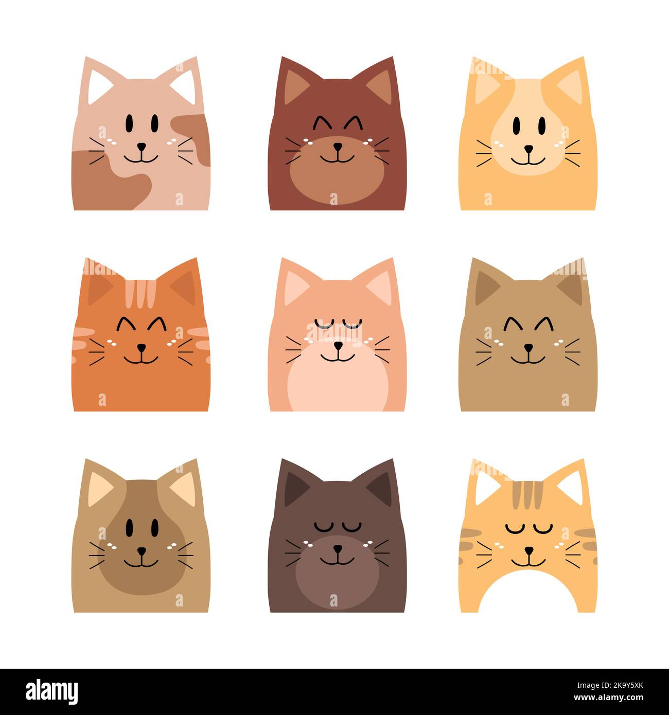 Illustrazione vettoriale delle facce divertenti del gatto. Collezione di nove ritratti di animali per adesivi, maschere, icone, avatar, social media. Caratteri PET. Cat giorno Illustrazione Vettoriale