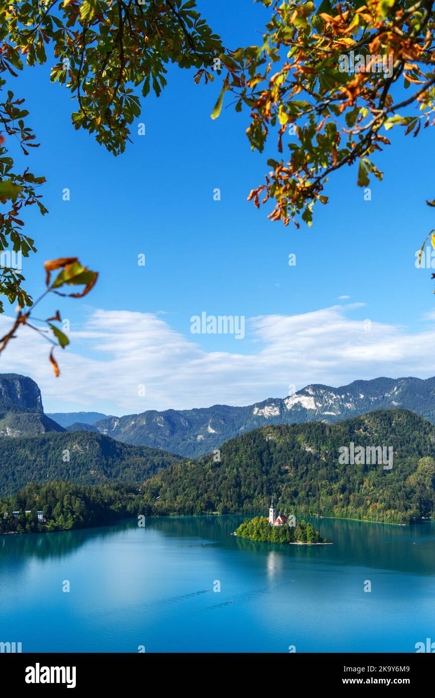 Vista sul lago di Bled e sull'isola di Bled dal castello di Bled, lago di Bled, Slovenia Foto Stock