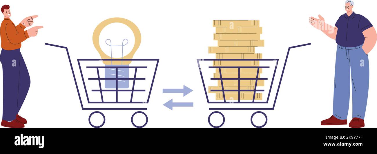 Vendi la tua idea. Cambia nuove idee creative sul denaro. Giovane imprenditore e uomo d'affari adulto, vettore business creatività baratto concetto Illustrazione Vettoriale