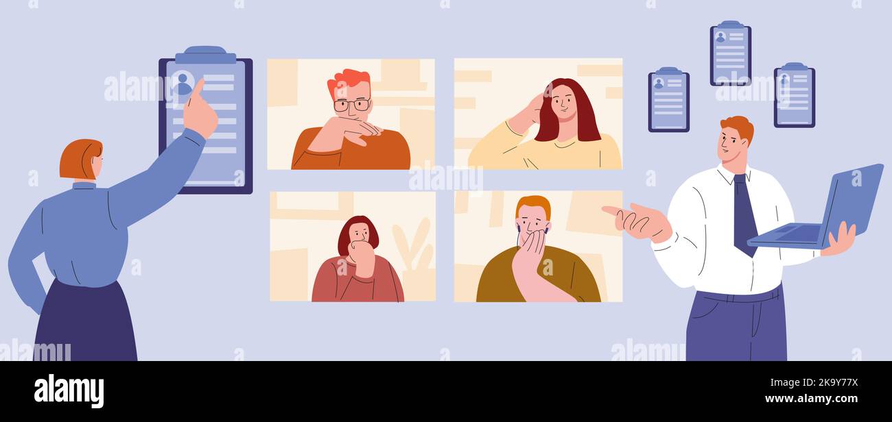 Candidati alle risorse umane. Donna e uomo d'affari e candidati alla videointervista. La gente trova lavoro in linea, assumere nuovi professionisti, concetto del vettore Illustrazione Vettoriale