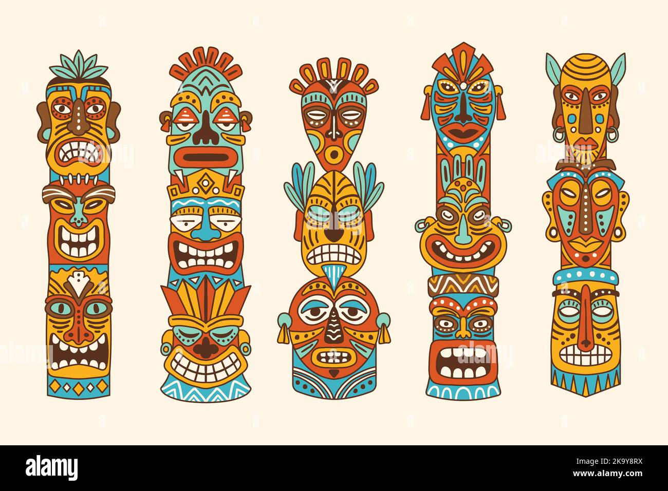 Maschere tribali native. Totem indiani tiki hawaii maschere vettori recenti autentici simboli mitologici Illustrazione Vettoriale