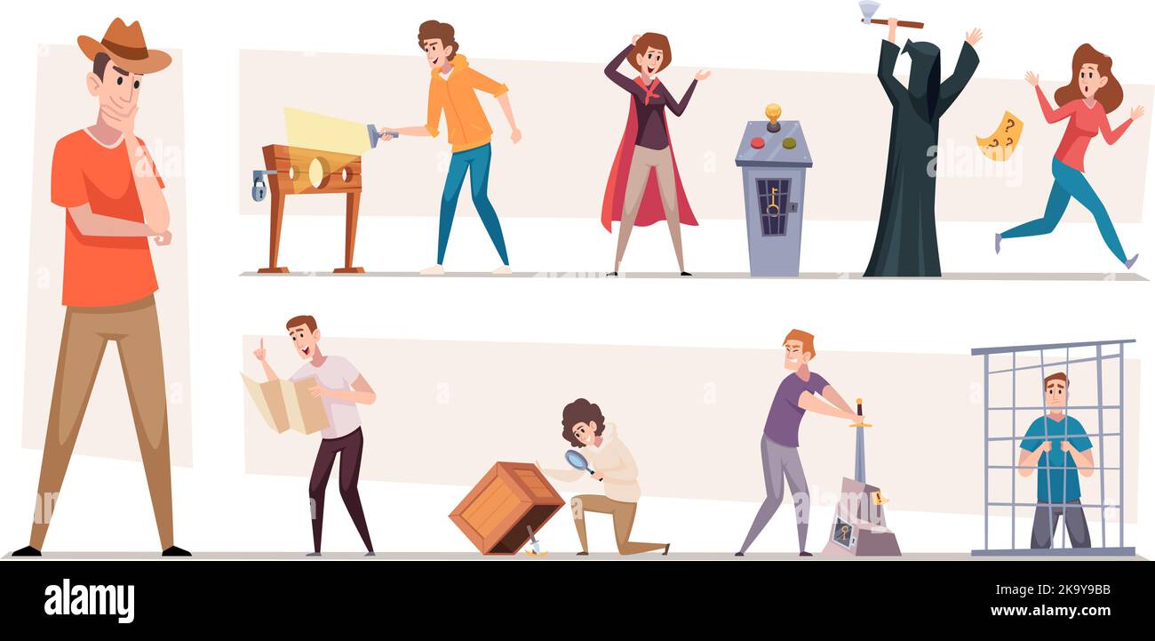 Camere quest. Situazioni realistiche di giochi negli interni di giochi per le attività di ricerca modelli di cartoni animati vettoriali esatti Illustrazione Vettoriale