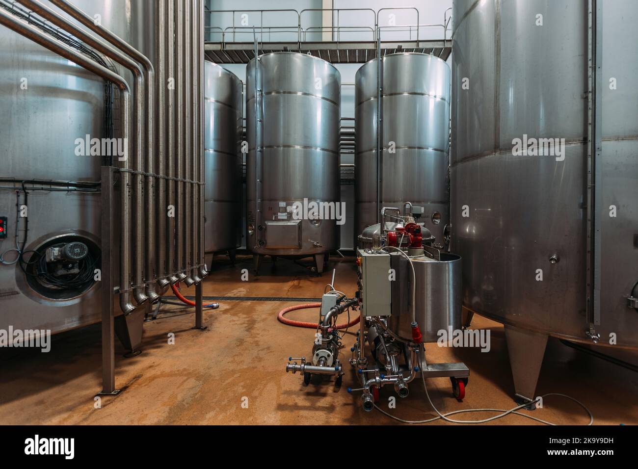 Grandi vasche per la chiarificazione del succo d'uva nella moderna cantina Foto Stock
