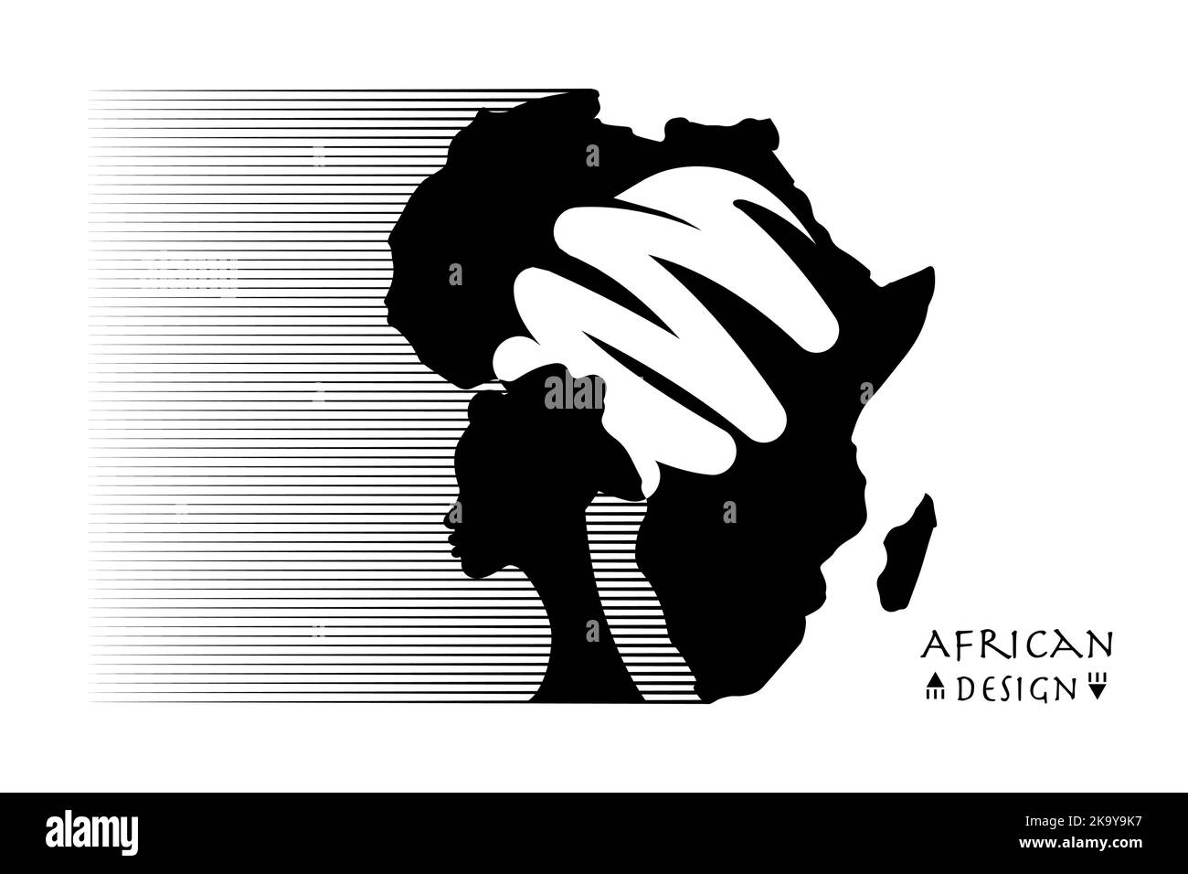 Ritratto di donna africana in turbano etnico, silhouette, mappa del continente africano. Africa Motherland, Afro design, modello di logo tribale, banner vettore isolato Illustrazione Vettoriale