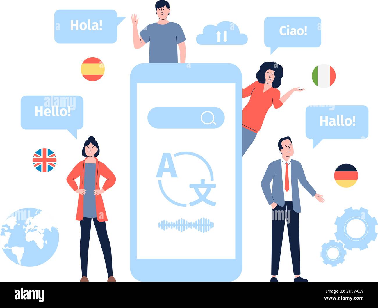 Saluti in lingua straniera, multilinguismo e traduzione mobile. Chat multilingue per studenti, team internazionale o scuola recentissima vettore Illustrazione Vettoriale