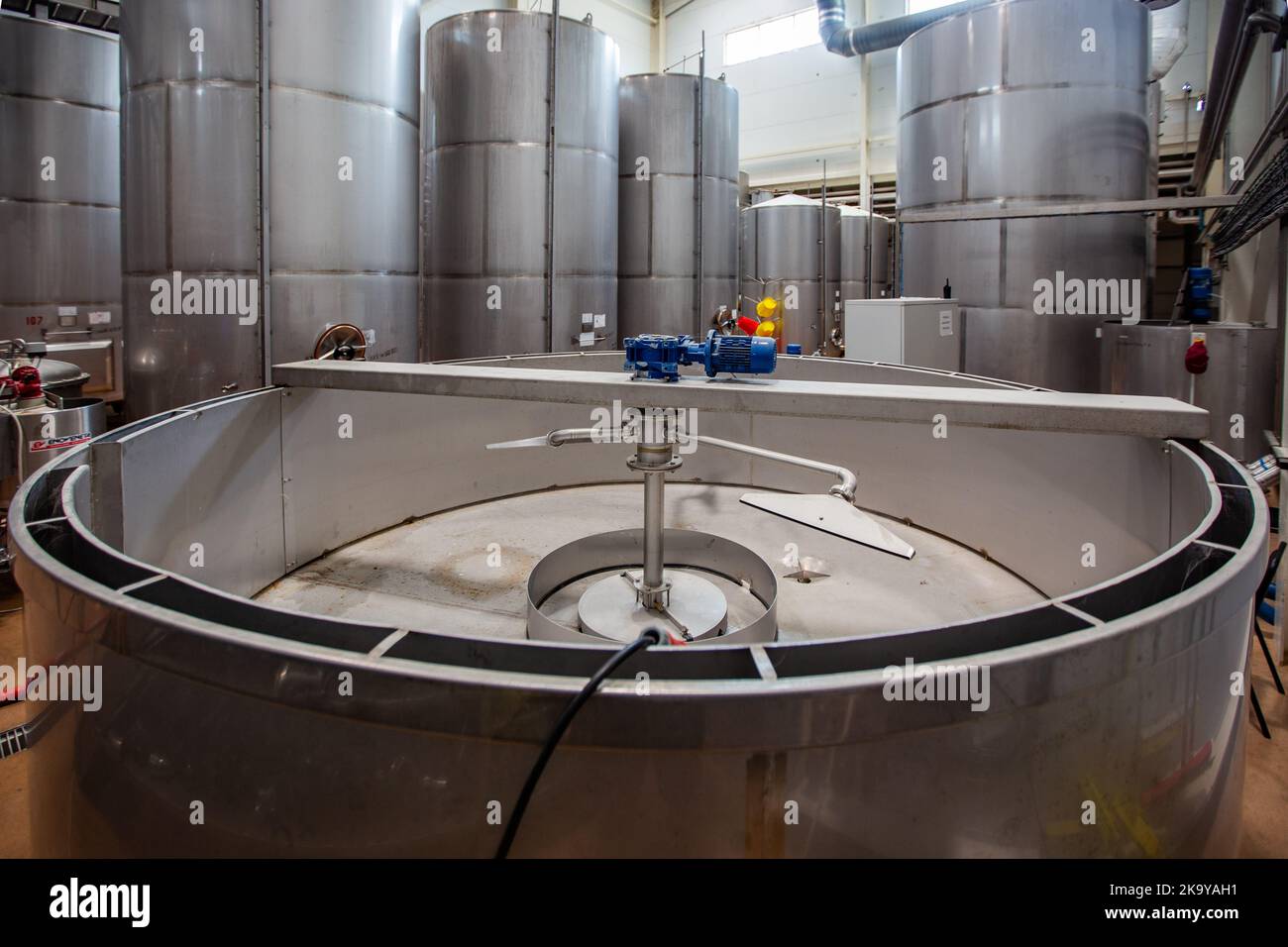 Grandi vasche per la chiarificazione del succo d'uva nella moderna cantina Foto Stock
