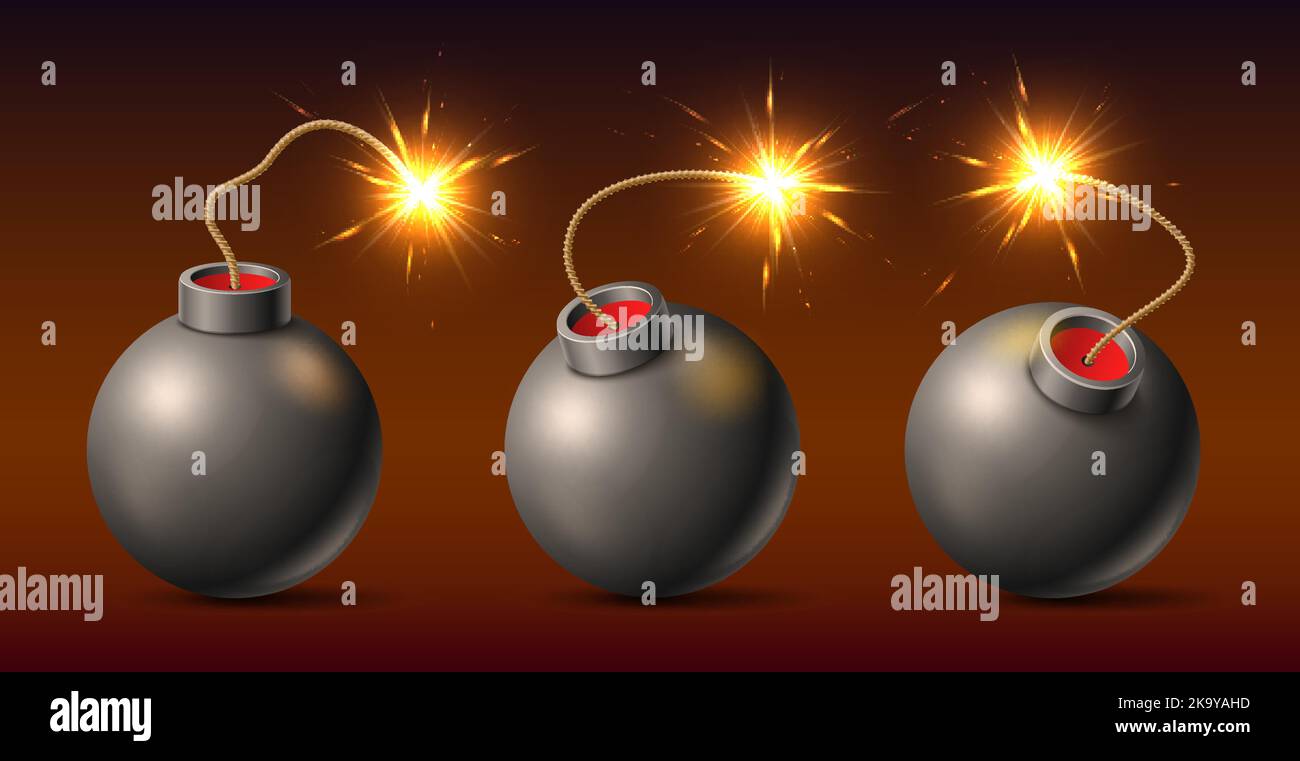 Bombe con fusibile bruciato. Bomba nera rotonda retro realistica con fusibile bruciato, 3D esplosivi isolati, varie posizioni, elemento militare, sconfitta di massa Illustrazione Vettoriale
