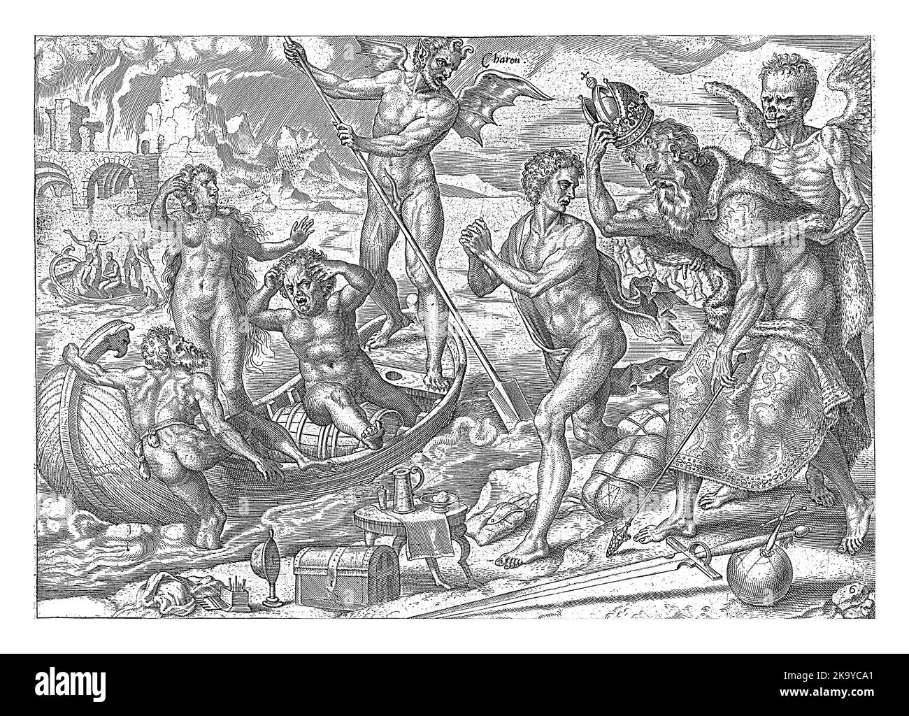 Sulle rive del fiume Styx, un re viene spogliato del suo mantello, della sua corona e del suo bastone. Sulla terra si trovano anche simboli di potere temporale e spirituale Foto Stock