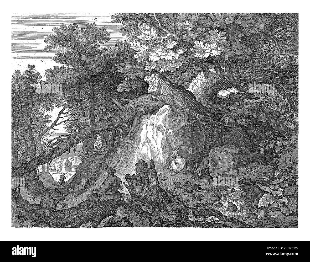 Paesaggio forestale con albero caduto e cascata. In primo piano un uomo seduto e quattro capre. La prima stampa in una serie di sei parti con paesaggi. Foto Stock