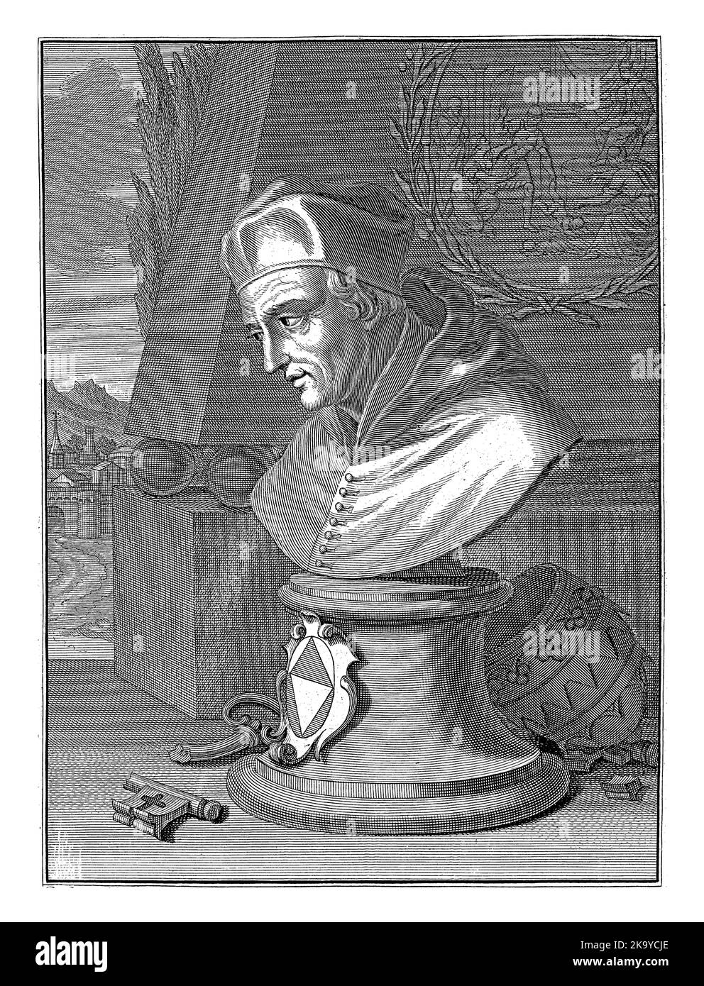 Busto di Papa Gregorio XII che porta uno stemma. Dietro il busto si trova la tiara papale. In alto a destra il giudizio di Salomone. Foto Stock